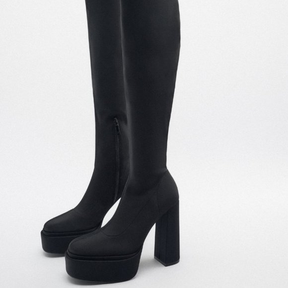 ZARA FABRIC OVER THE KNEE TALL PLATFORM BOOTS (NEVER WORN) - Picture 5 of 7